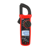 UNI-T UT201+ True RMS Digital Clamp Meter – 400A AC, 4000 Count, AC/DC 600V, Resistance, Capacitance, Frequency, Temperature, NCV, CAT III 600V - a rotary dial, LCD screen displaying 400.0, function buttons, and two input ports.