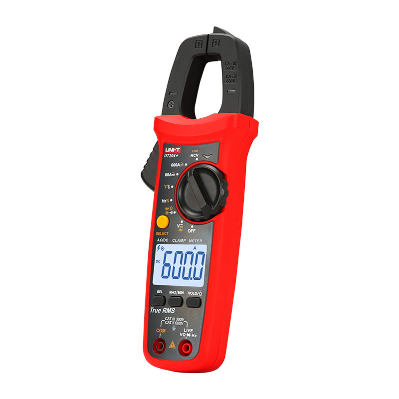 UNI-T UT201+ True RMS Digital Clamp Meter – 400A AC, 4000 Count, AC/DC 600V, Resistance, Capacitance, Frequency, Temperature, NCV, CAT III 600V - a red and black handheld device with a top jaw, central rotary dial, yellow select button, and a digital display reading 600.0.