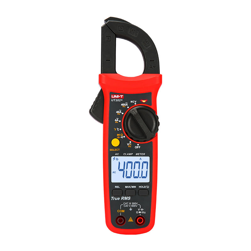 UNI-T UT202+ True RMS Digital Clamp Meter – 400A AC, 4000 Count, AC/DC 600V, Resistance, Capacitance, Frequency, Temperature Probe, NCV, CAT III 600V - a rotary dial, yellow select button, and an LCD screen displaying 400.0.