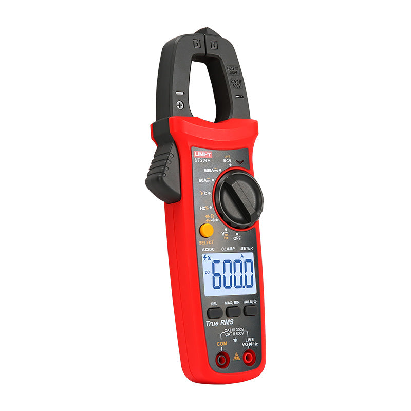 UNI-T UT202+ True RMS Digital Clamp Meter – 400A AC, 4000 Count, AC/DC 600V, Resistance, Capacitance, Frequency, Temperature Probe, NCV, CAT III 600V - UNI-T UT204+ digital clamp meter in red and black, showing a rotary dial, buttons, and a digital display reading 600.0, with input ports at the bottom.