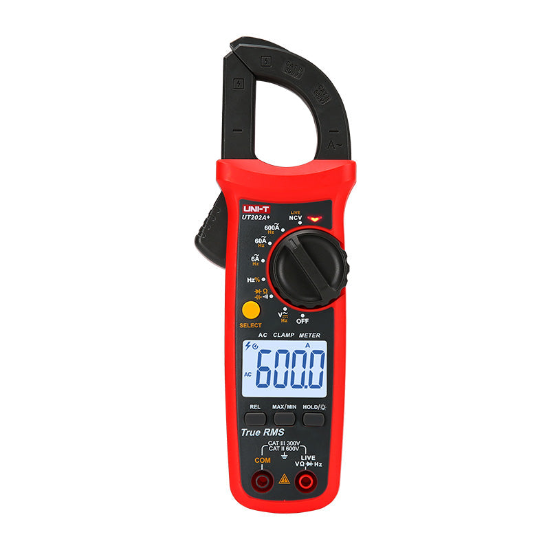 UNI-T UT202A+ True RMS Digital Clamp Meter – 400A AC/DC, 6000 Count, AC/DC 600V, Resistance, Capacitance, Frequency, Live Wire Test, NCV, CAT III 600V - a rotary dial, buttons, and a digital display reading 600.0 with input ports at the bottom.