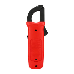 UNI-T UT202A+ True RMS Digital Clamp Meter – 400A AC/DC, 6000 Count, AC/DC 600V, Resistance, Capacitance, Frequency, Live Wire Test, NCV, CAT III 600V - rear view showing the red plastic casing, black jaw assembly, battery compartment cover, and warning text.