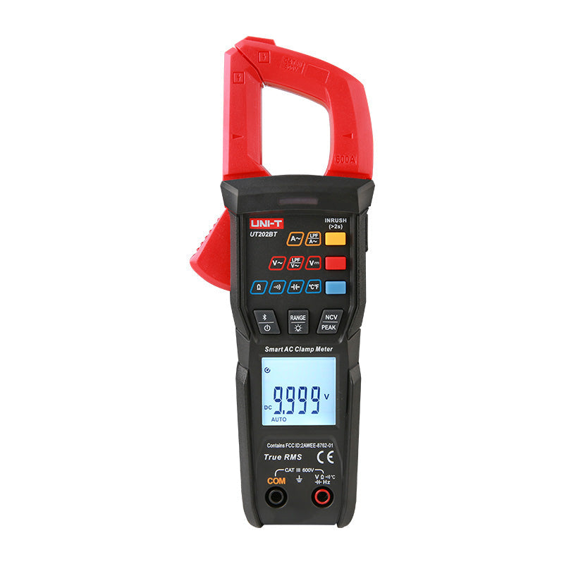UNI-T UT202BT Smart Bluetooth True RMS Digital Clamp Meter – 600A AC, 9999 Count, AC/DC 600V, Dual Display, Low-Pass Filter, Inrush Current, NCV, CAT III 600V - a top jaw, a central display showing 9.999 V, various buttons, and two input ports.