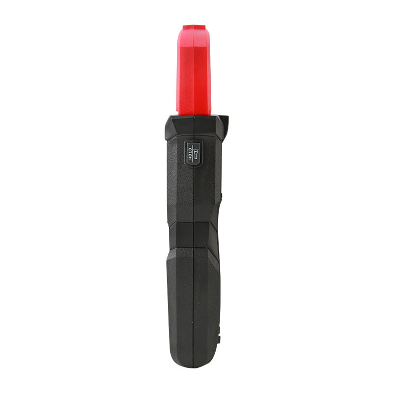 UNI-T UT202BT Smart Bluetooth True RMS Digital Clamp Meter – 600A AC, 9999 Count, AC/DC 600V, Dual Display, Low-Pass Filter, Inrush Current, NCV, CAT III 600V - side view showing the black handle and red clamp jaw with a visible HOLD and flashlight button.