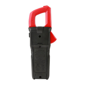 UNI-T UT202BT Smart Bluetooth True RMS Digital Clamp Meter – 600A AC, 9999 Count, AC/DC 600V, Dual Display, Low-Pass Filter, Inrush Current, NCV, CAT III 600V - rear view showing the black battery compartment cover with warning text, certification logos, and red clamp jaws.