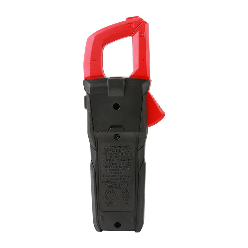 UNI-T UT202BT Smart Bluetooth True RMS Digital Clamp Meter – 600A AC, 9999 Count, AC/DC 600V, Dual Display, Low-Pass Filter, Inrush Current, NCV, CAT III 600V - rear view showing the black battery compartment cover with warning text, certification logos, and red clamp jaws.