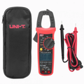 UNI-T UT203+ Digital AC DC Clamp Meter True RMS 400A in Pakistan - a red and black device with a rotary knob, LCD screen reading 0.0, test leads, and a black carrying case.