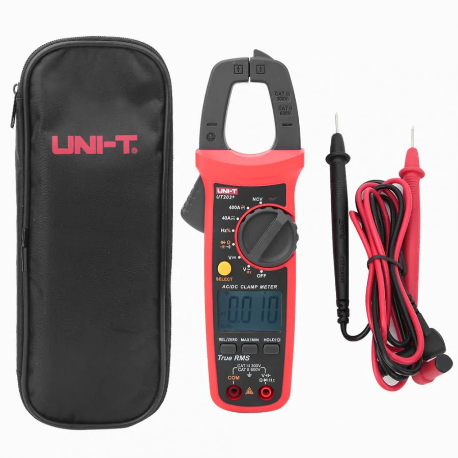 UNI-T UT203+ Digital AC DC Clamp Meter True RMS 400A in Pakistan - a red and black device with a rotary knob, LCD screen reading 0.0, test leads, and a black carrying case.