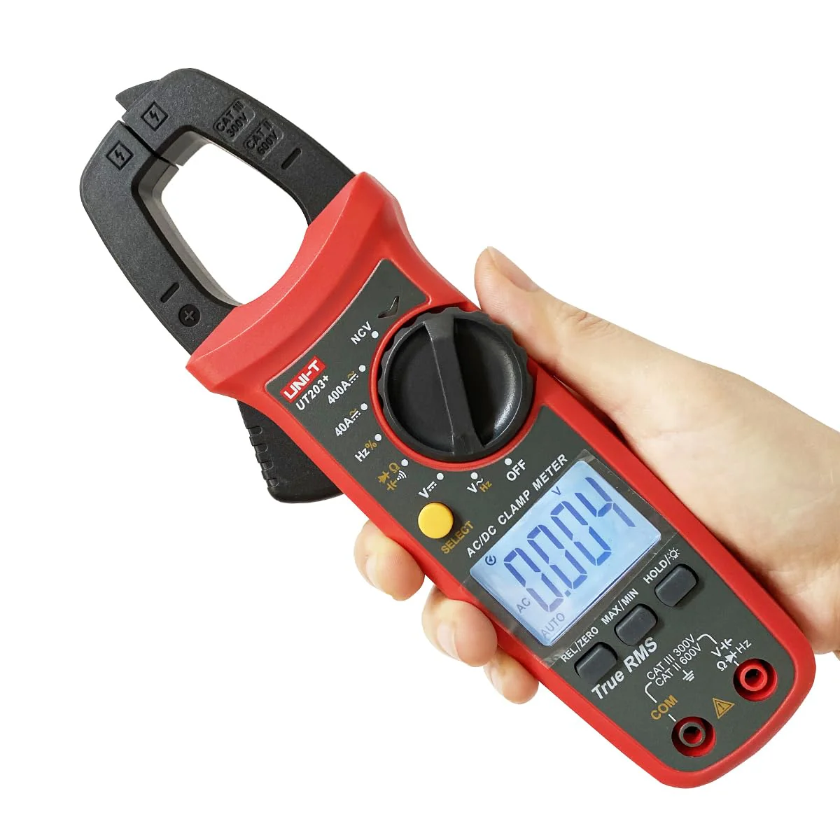 UNI-T UT203+ Digital AC DC Clamp Meter True RMS 400A in Pakistan - a red body, black clamp jaws, a rotary dial, yellow select button, and digital display.