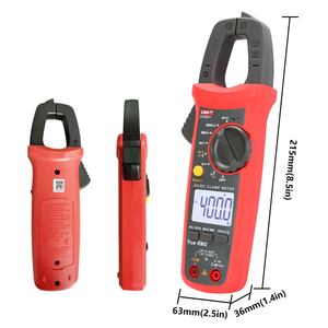 UNI-T UT203+ Digital AC DC Clamp Meter True RMS 400A in Pakistan - shown from three angles with dimensions, featuring a rotary dial, buttons, and a screen displaying 400.0.