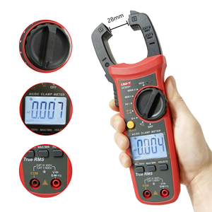 UNI-T UT203+ Digital AC DC Clamp Meter True RMS 400A in Pakistan - the red device held in a hand, with close-ups of the rotary knob, LCD screen reading 0.007, and ports.