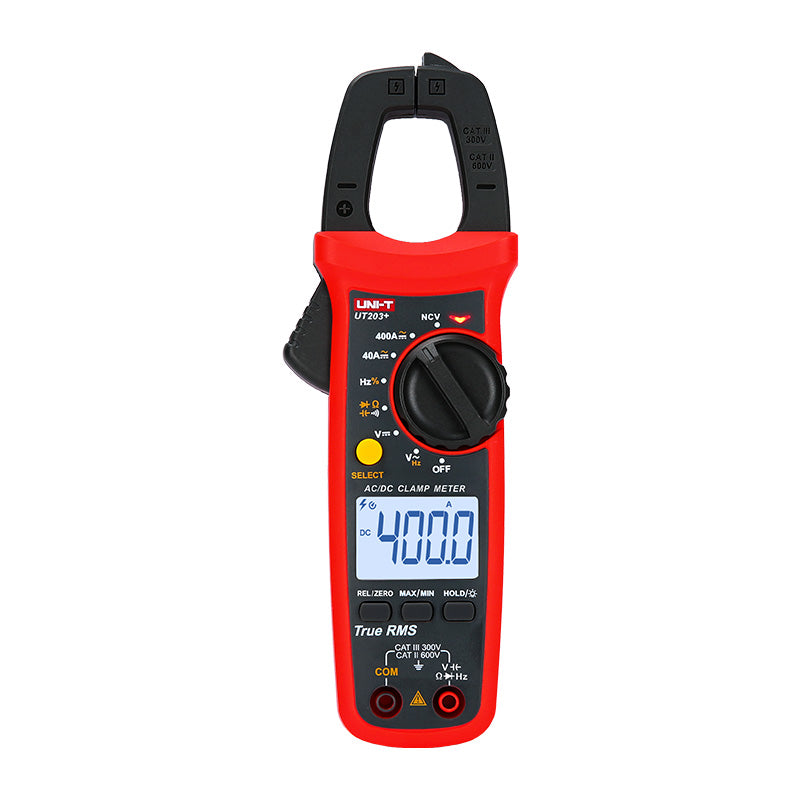 UNI-T UT203+ True RMS Digital Clamp Meter – 600A AC, 4000 Count, AC/DC 600V, Resistance, Capacitance, Frequency, NCV, MAX/MIN, Data Hold, CAT III 600V - a rotary dial, function buttons, a screen displaying 400.0, and two input ports at the base.