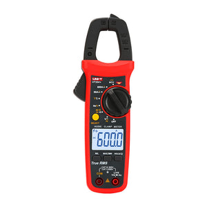 UNI-T UT204+ True RMS Digital Clamp Meter – 600A AC/DC, 6000 Count, AC/DC 600V, Capacitance 60mF, Frequency, Temperature, Live Wire Test, NCV, CAT III 600V - a red handheld device with a black clamp, rotary dial, yellow select button, and a digital display showing 600.0.
