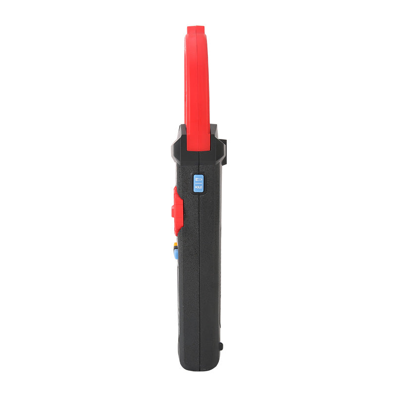 UNI-T UT205A+ Digital Clamp Meter – 1000A AC, 4099 Count, AC/DC 1000V, Resistance, Capacitance, Frequency, Duty Cycle, MAX/MIN, 45mm Jaw, CAT III 600V / CAT II 1000V - shown from the side, featuring a red clamp jaw, a black body, a blue hold button, and a red trigger button.