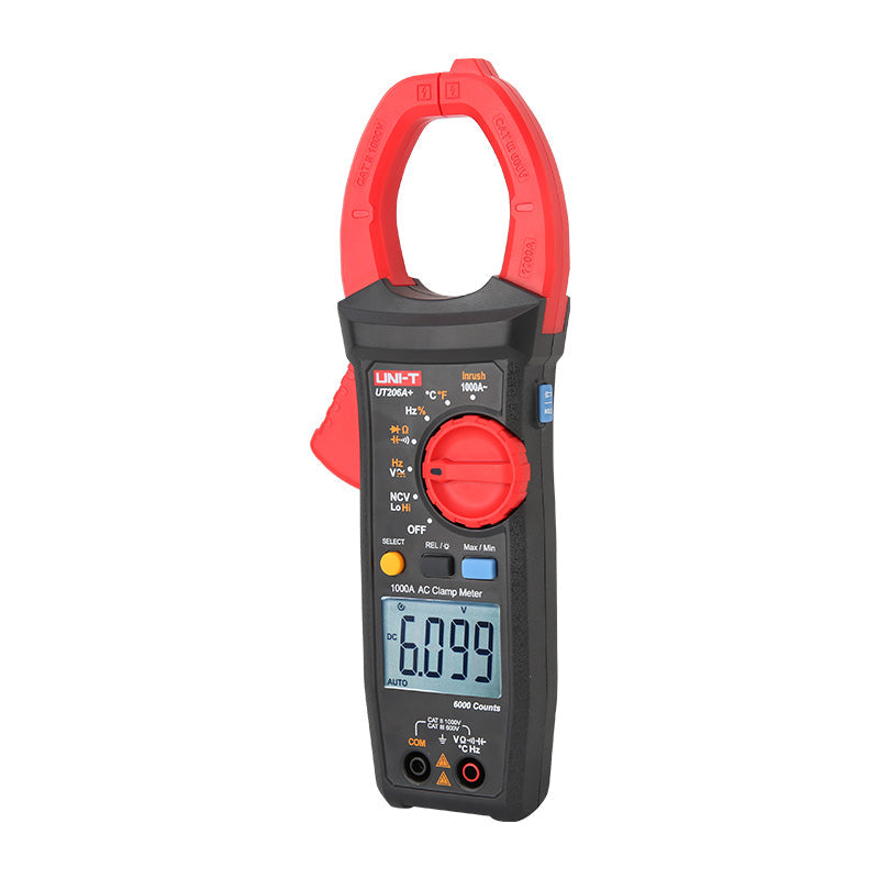 UNI-T UT205A+ Digital Clamp Meter – 1000A AC, 4099 Count, AC/DC 1000V, Resistance, Capacitance, Frequency, Duty Cycle, MAX/MIN, 45mm Jaw, CAT III 600V / CAT II 1000V - a rotary dial, function buttons, input ports, and a digital display reading 6.099.