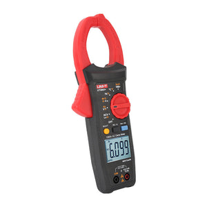 UNI-T UT205A+ Digital Clamp Meter – 1000A AC, 4099 Count, AC/DC 1000V, Resistance, Capacitance, Frequency, Duty Cycle, MAX/MIN, 45mm Jaw, CAT III 600V / CAT II 1000V - a black and red handheld device with a rotary dial, function buttons, and an LCD screen displaying 6.099 V.