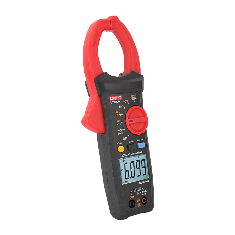 UNI-T UT205A+ Digital Clamp Meter – 1000A AC, 4099 Count, AC/DC 1000V, Resistance, Capacitance, Frequency, Duty Cycle, MAX/MIN, 45mm Jaw, CAT III 600V / CAT II 1000V - a black and red handheld device with a rotary dial, function buttons, and an LCD screen displaying 6.099 V.