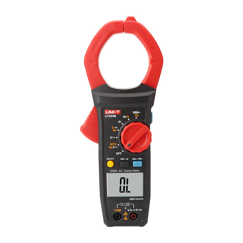 UNI-T UT205B 1000A AC Clamp Meter – 60mm Jaw Opening, 1000V AC/DC, 40MΩ Resistance, 40mF Capacitance, 10MHz Frequency, Duty Cycle, NCV, Flashlight, CAT III 600V - a black and red handheld device with a large jaw, rotary dial, buttons, input ports, and a screen showing OL.