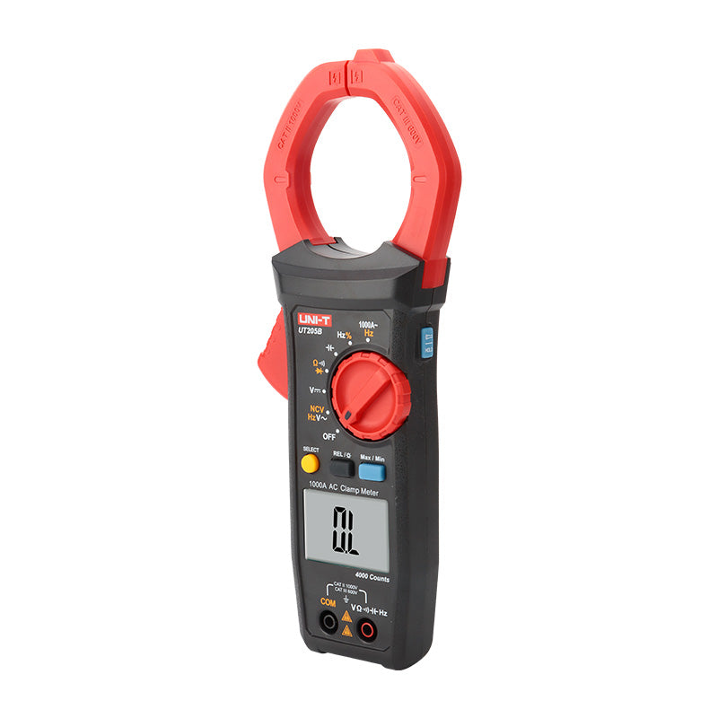 UNI-T UT205B 1000A AC Clamp Meter – 60mm Jaw Opening, 1000V AC/DC, 40MΩ Resistance, 40mF Capacitance, 10MHz Frequency, Duty Cycle, NCV, Flashlight, CAT III 600V - a black and red handheld device with a large top jaw, central rotary dial, control buttons, and an OL display.
