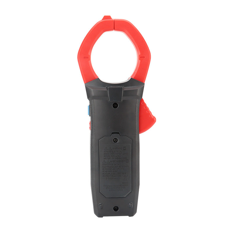 UNI-T UT205B 1000A AC Clamp Meter – 60mm Jaw Opening, 1000V AC/DC, 40MΩ Resistance, 40mF Capacitance, 10MHz Frequency, Duty Cycle, NCV, Flashlight, CAT III 600V - back view showing the black plastic casing, red jaw lever, and battery compartment cover with warning labels.