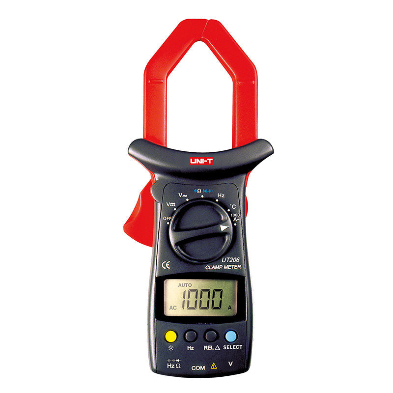 UNI-T UT206 1000A Digital Clamp Meter – AC Current, AC/DC Voltage, Resistance, Frequency, Temperature, 3999-Count Auto Range - in black and red, featuring a rotary dial, four buttons, input ports, and a digital display showing "1000 AC A".