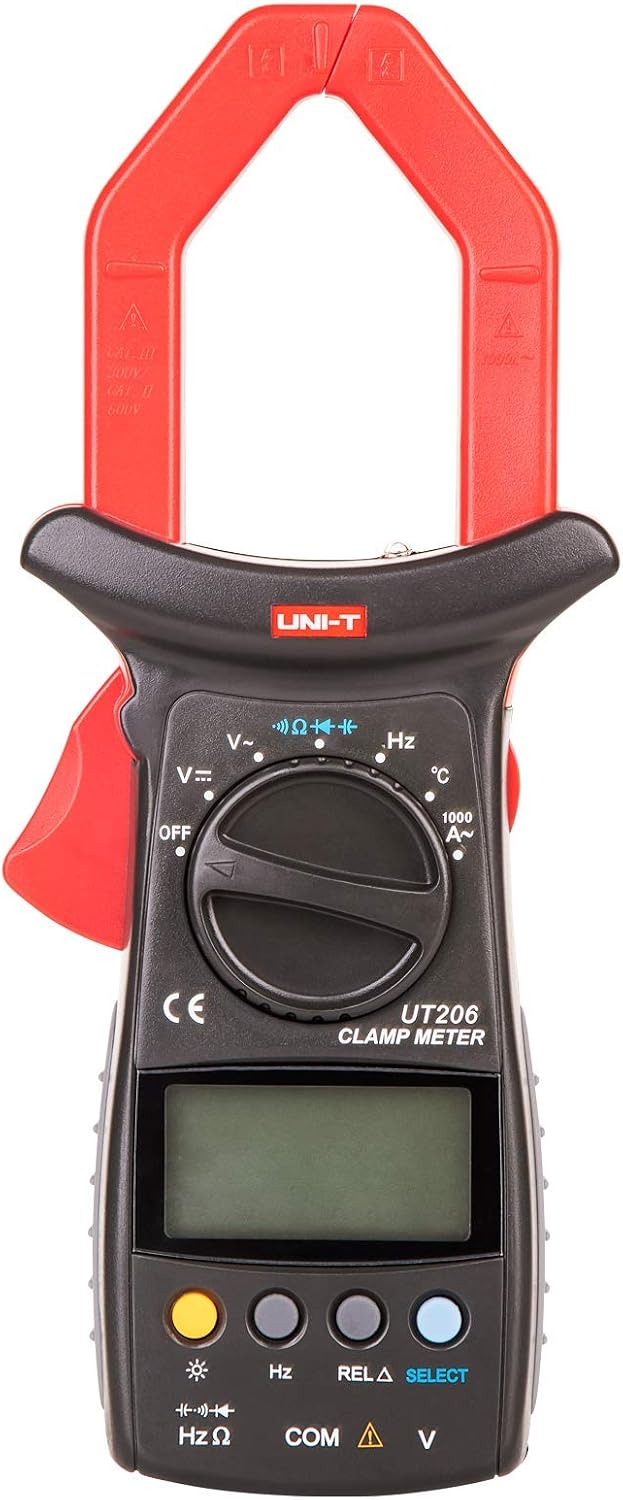 UNI-T UT206 1000A Digital Clamp Meter – AC Current, AC/DC Voltage, Resistance, Frequency, Temperature, 3999-Count Auto Range - a black and red handheld device with a central rotary dial, digital display, four control buttons, and bottom input ports.