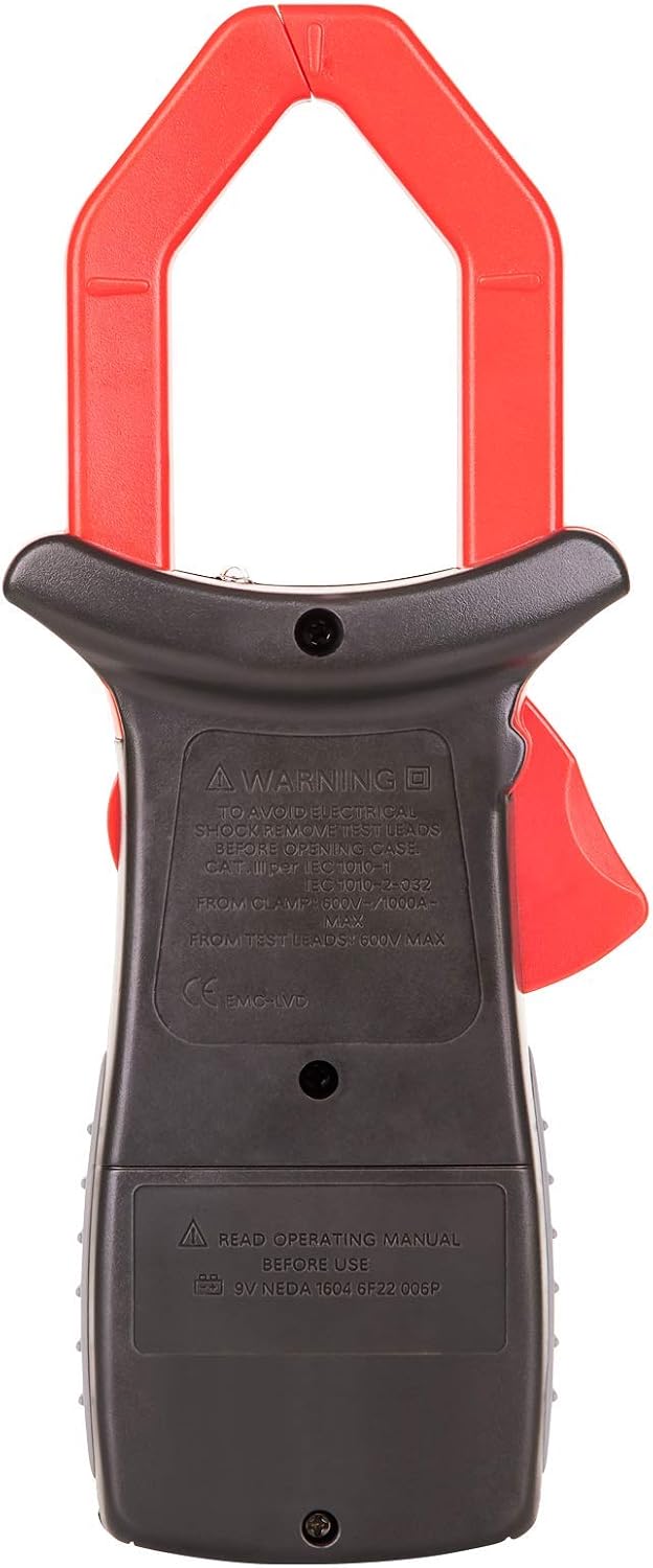 UNI-T UT206 1000A Digital Clamp Meter – AC Current, AC/DC Voltage, Resistance, Frequency, Temperature, 3999-Count Auto Range - rear view showing the black plastic casing, red clamp jaws, battery compartment cover, and safety warning text.