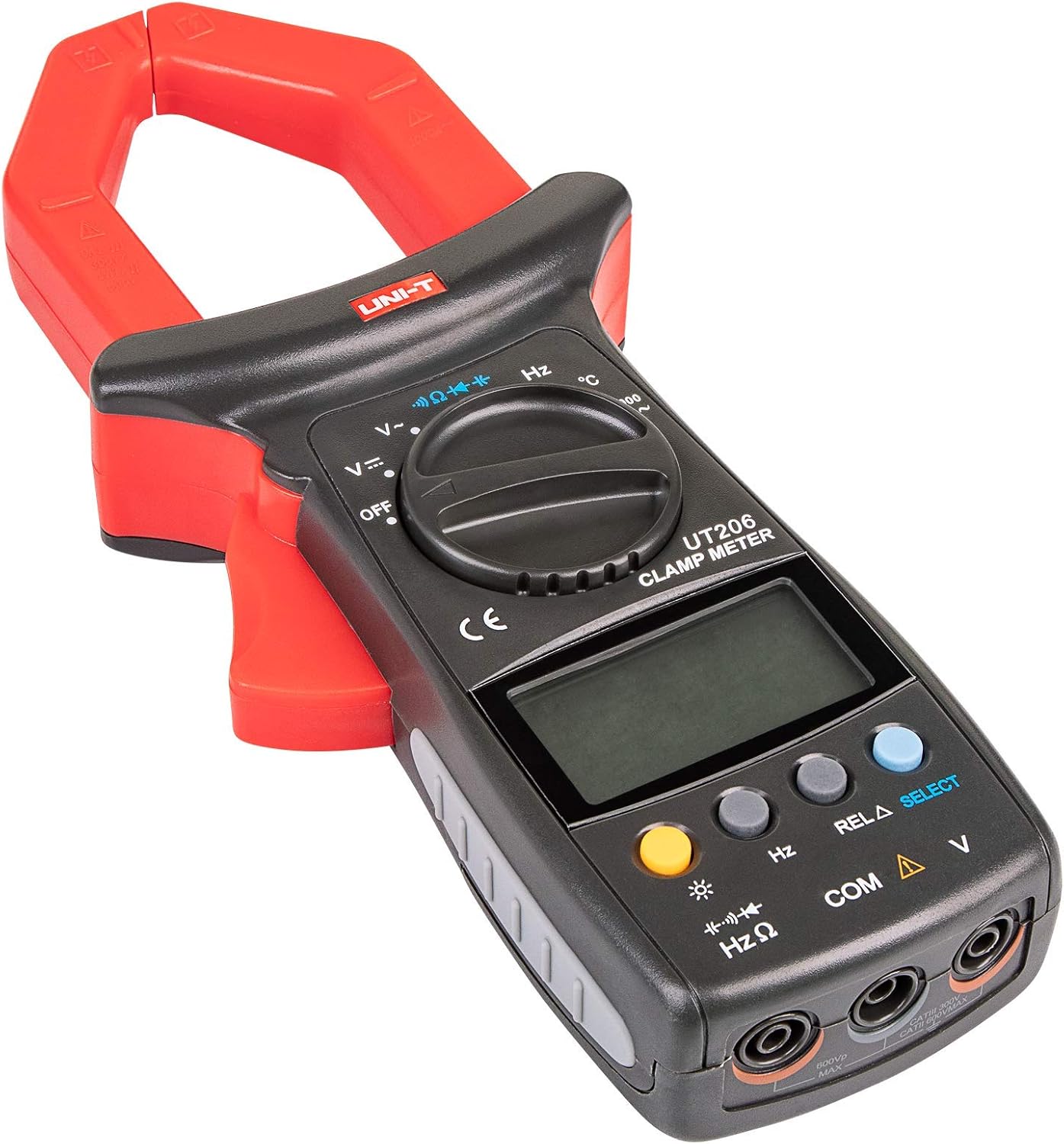 UNI-T UT206 1000A Digital Clamp Meter – AC Current, AC/DC Voltage, Resistance, Frequency, Temperature, 3999-Count Auto Range - in black and red, featuring a large jaw, a rotary function dial, a blank LCD screen, and three input ports at the base.