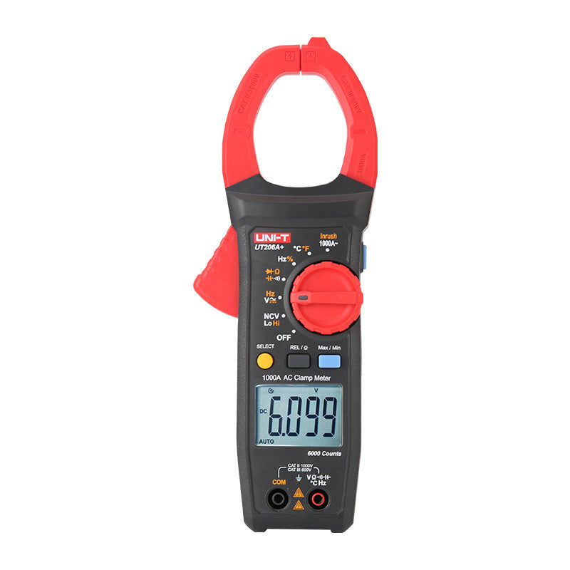 UNI-T UT206A+ True RMS Digital Clamp Meter – 1000A AC, 6099 Count, AC/DC 1000V, Inrush Current, Temperature, Duty Cycle, NCV, 45mm Jaw, CAT III 600V / CAT II 1000V - a black handheld device with a red jaw, central rotary dial, buttons, and a screen displaying 6.099.