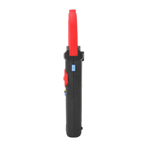 UNI-T UT206A+ True RMS Digital Clamp Meter – 1000A AC, 6099 Count, AC/DC 1000V, Inrush Current, Temperature, Duty Cycle, NCV, 45mm Jaw, CAT III 600V / CAT II 1000V - shown from the side, featuring a red jaw, a black handle, a red trigger, and a blue button labeled HOLD.