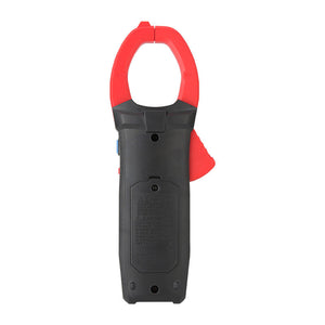 UNI-T UT206A+ True RMS Digital Clamp Meter – 1000A AC, 6099 Count, AC/DC 1000V, Inrush Current, Temperature, Duty Cycle, NCV, 45mm Jaw, CAT III 600V / CAT II 1000V - rear view showing the black plastic casing, red jaw assembly, trigger, and battery compartment cover.