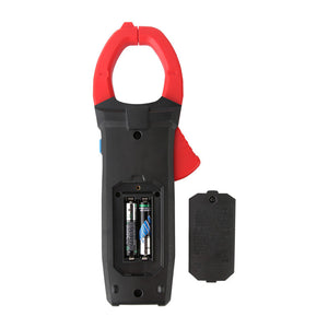 UNI-T UT206A+ True RMS Digital Clamp Meter – 1000A AC, 6099 Count, AC/DC 1000V, Inrush Current, Temperature, Duty Cycle, NCV, 45mm Jaw, CAT III 600V / CAT II 1000V - shown from the back with its battery compartment open, revealing two installed batteries and the removed cover.