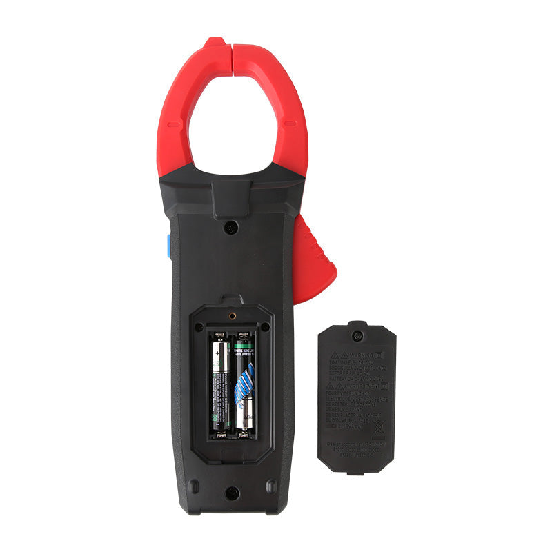 UNI-T UT206A+ True RMS Digital Clamp Meter – 1000A AC, 6099 Count, AC/DC 1000V, Inrush Current, Temperature, Duty Cycle, NCV, 45mm Jaw, CAT III 600V / CAT II 1000V - shown from the back with its battery compartment open, revealing two installed batteries and the removed cover.