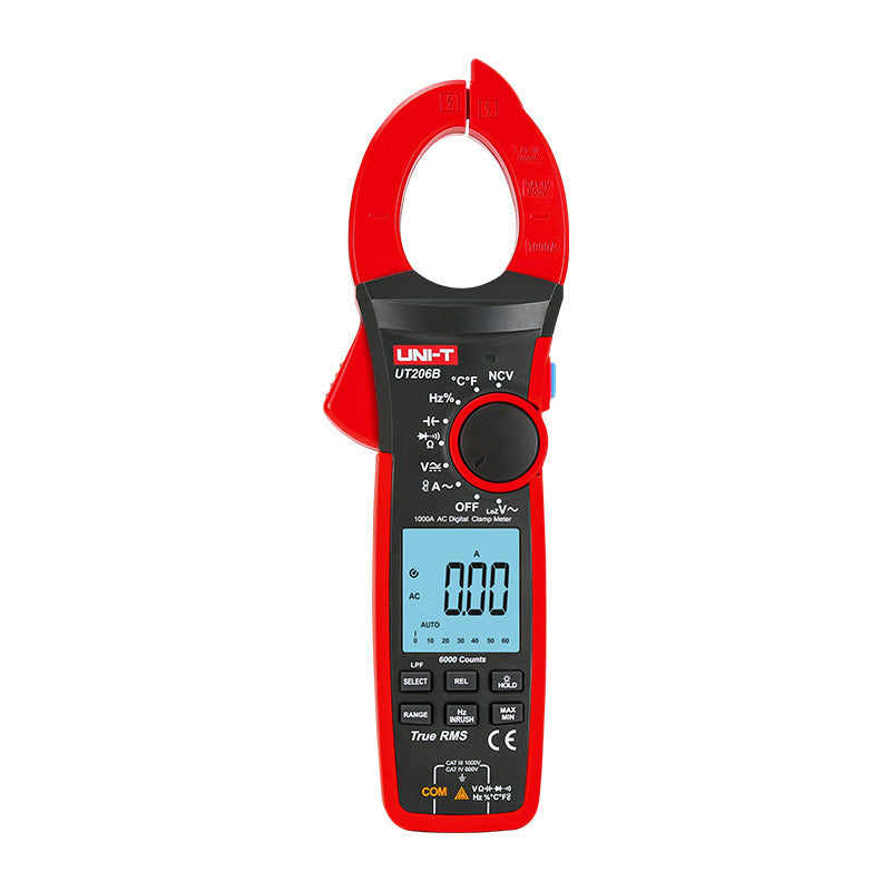 UNI-T UT206B True RMS Digital Clamp Meter – 1000A AC/DC, 6000 Count, AC/DC 1000V, Temperature, LoZ, LPF, Inrush Current, NCV, 42mm Jaw, CAT III 1000V / CAT IV 600V - the jaw, rotary dial, buttons, and a screen displaying 0.00 A on a white background.