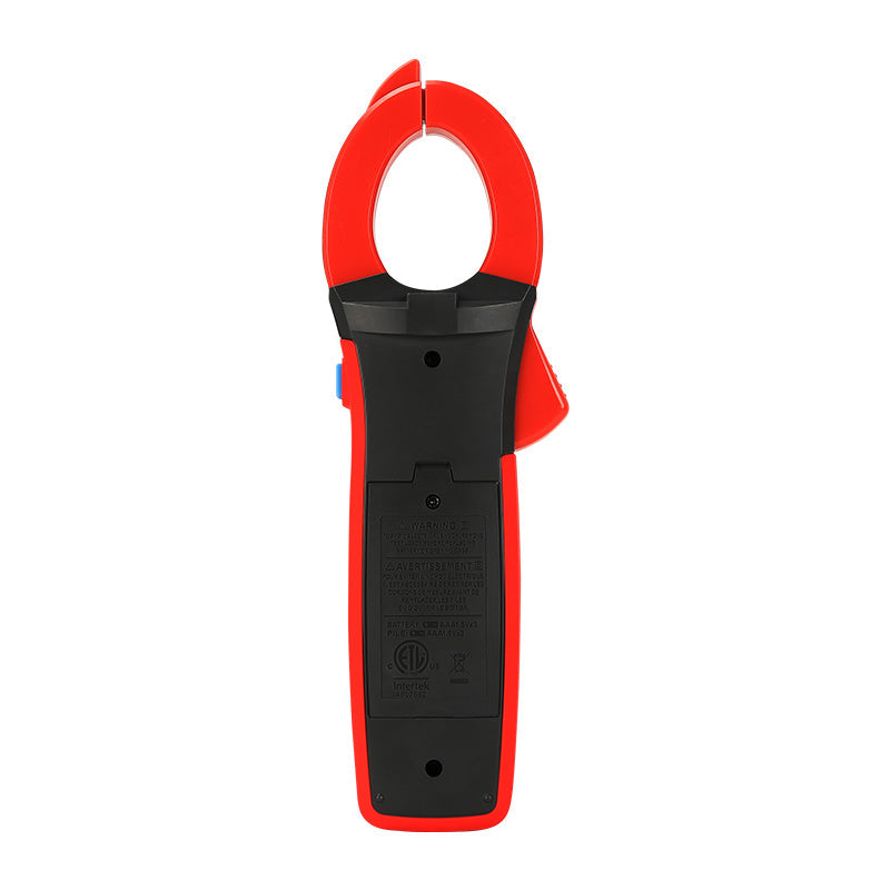 UNI-T UT206B True RMS Digital Clamp Meter – 1000A AC/DC, 6000 Count, AC/DC 1000V, Temperature, LoZ, LPF, Inrush Current, NCV, 42mm Jaw, CAT III 1000V / CAT IV 600V - rear view showing the red and black plastic casing, battery compartment cover, and the jaw release trigger.