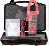 UNI-T UT207A 1000A AC/DC Clamp Meter – High Accuracy, Auto/Manual Range, 750V AC / 1000V DC, 40MΩ Resistance, 10MHz Frequency, LCD Backlight, Duty Cycle, Zeroing - shown in an open carrying case with a manual, test leads, and a red and grey digital meter displaying 0.000.
