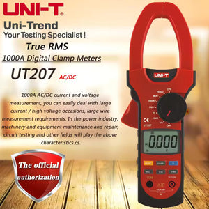 UNI-T UT207A 1000A AC/DC Clamp Meter – High Accuracy, Auto/Manual Range, 750V AC / 1000V DC, 40MΩ Resistance, 10MHz Frequency, LCD Backlight, Duty Cycle, Zeroing - a red and black handheld device with a large top jaw, a rotary dial, a digital screen showing 0.000, and front control buttons.