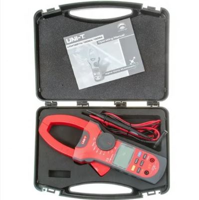 UNI-T UT207A 1000A AC/DC Clamp Meter – High Accuracy, Auto/Manual Range, 750V AC / 1000V DC, 40MΩ Resistance, 10MHz Frequency, LCD Backlight, Duty Cycle, Zeroing - black carrying case with a red and grey body, a rotary dial, a digital display, test leads, and an operating manual.