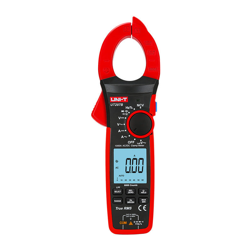 UNI-T UT207B True RMS Digital Clamp Meter – 1000A AC, 6000 Count, AC/DC 1000V, 60MΩ Resistance, 60mF Capacitance, LPF, Frequency, NCV, 42mm Jaw, CAT III 1000V / CAT IV 600V - the jaw, rotary dial, buttons, and a screen displaying 0.00 A on a white background.