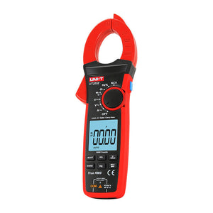 UNI-T UT207B True RMS Digital Clamp Meter – 1000A AC, 6000 Count, AC/DC 1000V, 60MΩ Resistance, 60mF Capacitance, LPF, Frequency, NCV, 42mm Jaw, CAT III 1000V / CAT IV 600V - a red and black handheld device with a jaw, rotary dial, function buttons, and an LCD screen displaying 00.00.