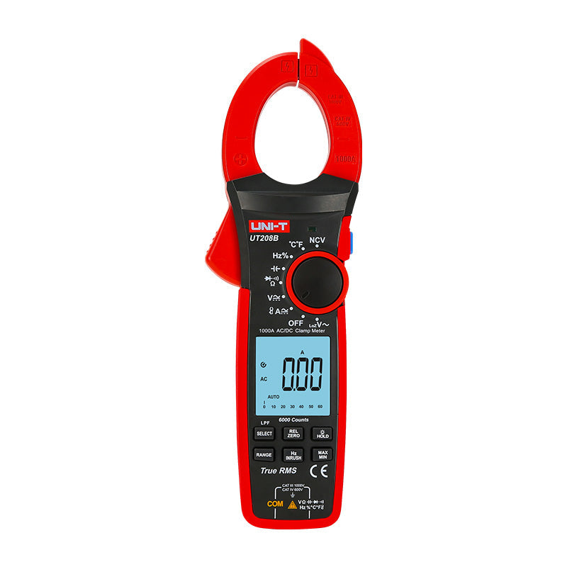 UNI-T UT208B True RMS Digital Clamp Meter – 1000A AC, 6000 Count, AC/DC 1000V, Temperature, LoZ, LPF, Inrush Current, NCV, 42mm Jaw, CAT III 1000V / CAT IV 600V - the jaw, rotary dial, buttons, and an LCD screen displaying 0.00 A.