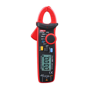 UNI-T UT210E True RMS Mini Digital Clamp Meter – 100A AC/DC, AC/DC 600V, Resistance, Capacitance, Frequency, VFC, 17mm Jaw, Auto-Range, CAT III 600V - the jaw, rotary dial, buttons, and an LCD screen displaying 0.000.
