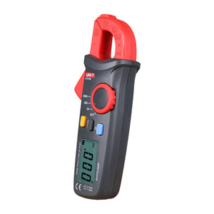 UNI-T UT210E True RMS Mini Digital Clamp Meter – 100A AC/DC, AC/DC 600V, Resistance, Capacitance, Frequency, VFC, 17mm Jaw, Auto-Range, CAT III 600V - UNI-T UT210A clamp meter in black and red, featuring a rotary dial, three buttons, and a digital display showing .000 AC.