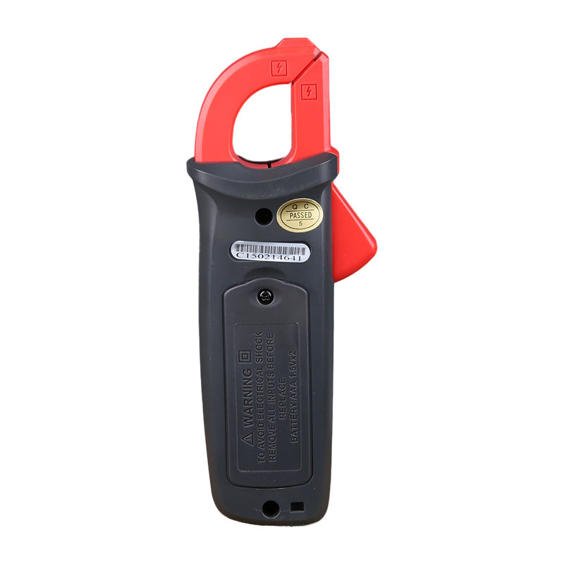 UNI-T UT210E True RMS Mini Digital Clamp Meter – 100A AC/DC, AC/DC 600V, Resistance, Capacitance, Frequency, VFC, 17mm Jaw, Auto-Range, CAT III 600V - shown from the back, featuring a red jaw, a battery compartment cover, a QC passed sticker, and a serial number.