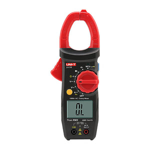 UNI-T UT2117R True RMS Digital Clamp Meter – 1000A AC, AC/DC 1000V, 60MΩ Resistance, Capacitance, Frequency, Dual-Mode NCV, 1000V Overload Protection, CAT III 600V / CAT II 1000V - a black and red handheld device with a rotary dial, LCD screen displaying "OL", and two input ports at the bottom.