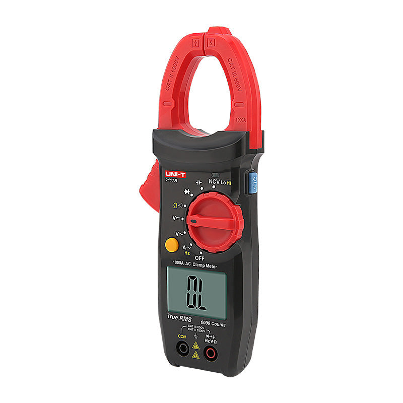 UNI-T UT2117R True RMS Digital Clamp Meter – 1000A AC, AC/DC 1000V, 60MΩ Resistance, Capacitance, Frequency, Dual-Mode NCV, 1000V Overload Protection, CAT III 600V / CAT II 1000V - a rotary dial, yellow button, side trigger, input ports, and a display showing OL.