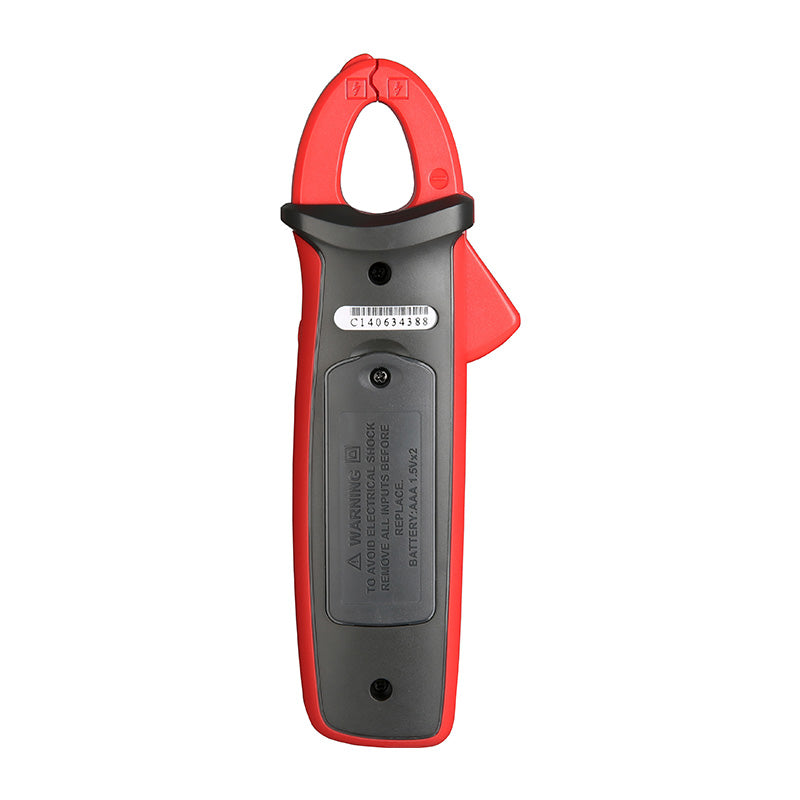 UNI-T UT211B True RMS Mini Digital Clamp Meter – 60A AC/DC, 6000 Count, High-Precision 0.1mA Resolution, AC/DC 600V, VFC, ZERO, NCV, for Solar & EV, CAT III 600V - shown from the back, featuring a red and black plastic casing, a battery compartment, and a serial number.