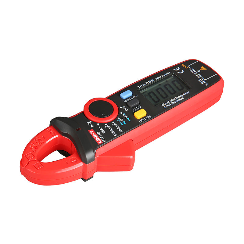 UNI-T UT211B True RMS Mini Digital Clamp Meter – 60A AC/DC, 6000 Count, High-Precision 0.1mA Resolution, AC/DC 600V, VFC, ZERO, NCV, for Solar & EV, CAT III 600V - a red handheld device with a black jaw, control buttons, and a digital display reading 0000.