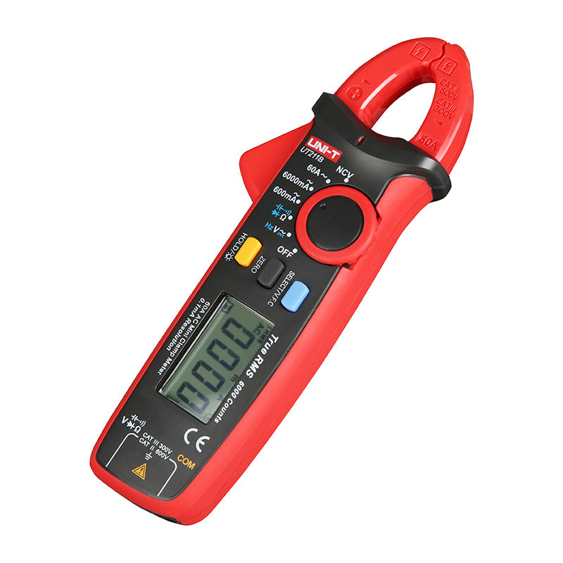 UNI-T UT211B True RMS Mini Digital Clamp Meter – 60A AC/DC, 6000 Count, High-Precision 0.1mA Resolution, AC/DC 600V, VFC, ZERO, NCV, for Solar & EV, CAT III 600V - a red and black handheld device with a jaw, a digital display showing 0000, a rotary dial, and buttons for hold, zero, and select.