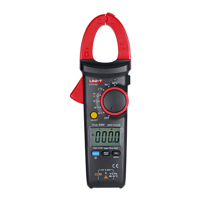 UNI-T UT213C True RMS Digital Clamp Meter – 400A AC, 4000 Count, AC/DC 600V, Resistance, Capacitance, Frequency, Temperature, NCV, Flashlight, 30mm Jaw, CAT III 600V - a rotary dial, function buttons, a digital display reading 000.0, and input ports at the base.